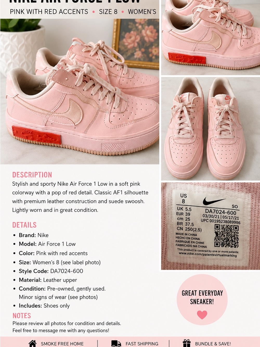 Nike Pink Leather Air Force 1 Low with Red Midsole Accent